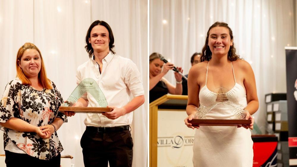 Collage of 2021 Indigenous Students Success Award recipients Ethan Graham and Emma Arnold, holding their awards at the ceremony.