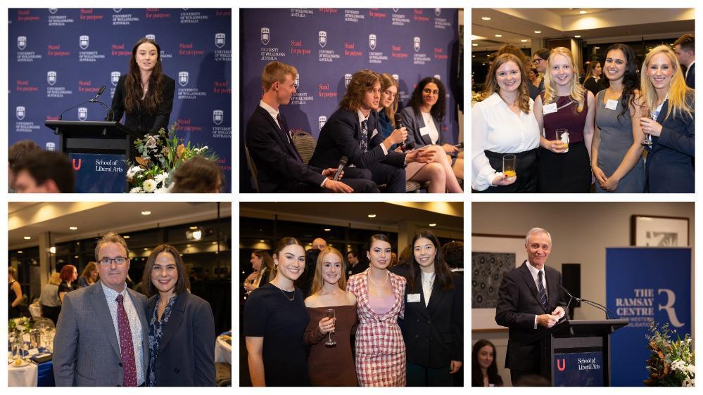 A collage of photos from the 2022 UOW Ramsay Centre Dinner showing students and academics from the School of Liberal Arts along with guest speakers and staff from The Ramsay Centre for Western Civilisation
