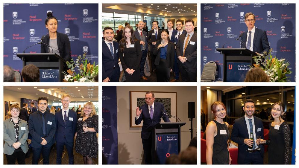 A collage of photos from the 2022 UOW Ramsay Centre Dinner showing students and academics from the School of Liberal Arts along with guest speakers and staff from The Ramsay Centre for Western Civilisation