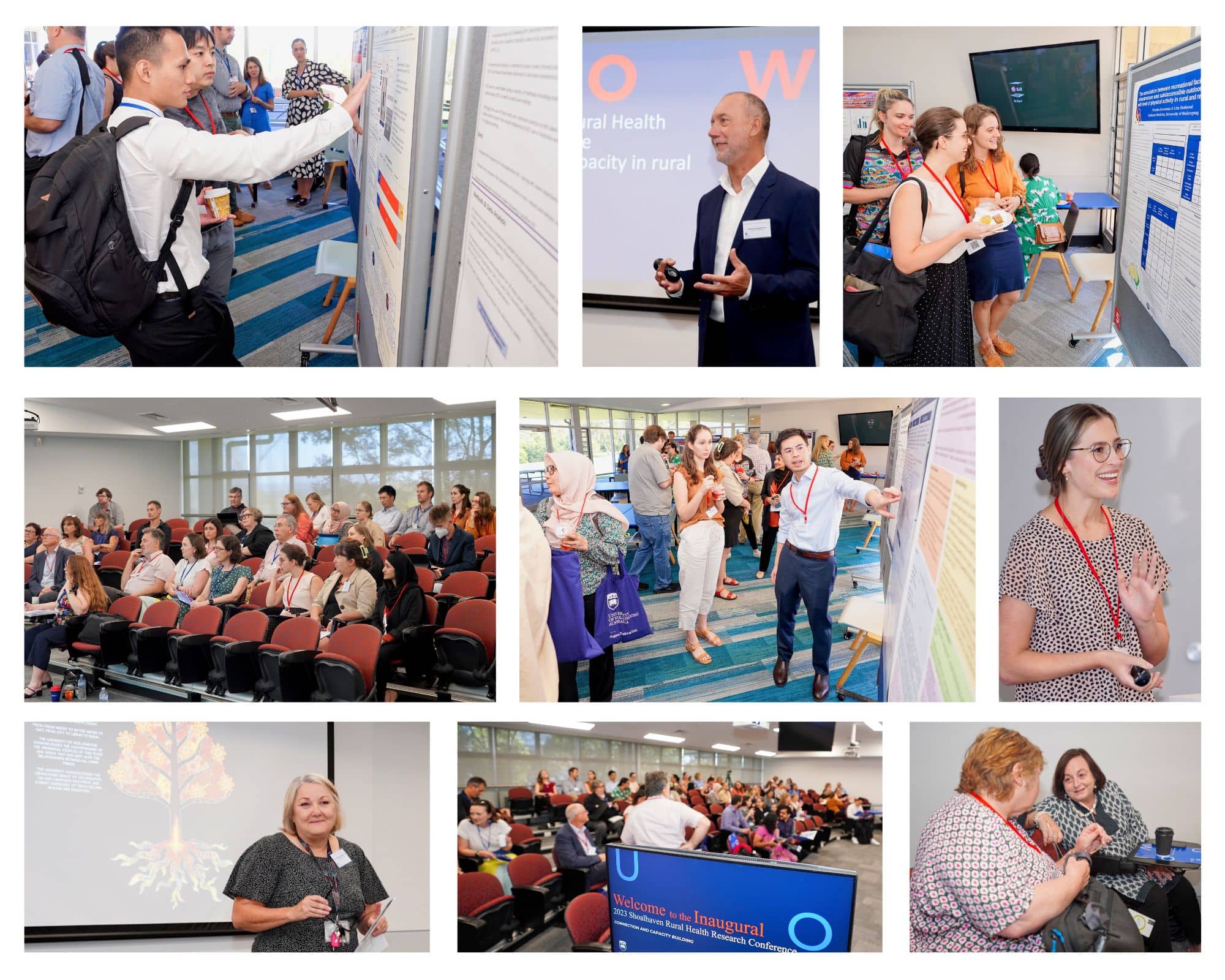 A curated collage of images from the Shoalhaven Rural Health Conference, showing speakers and the audience.